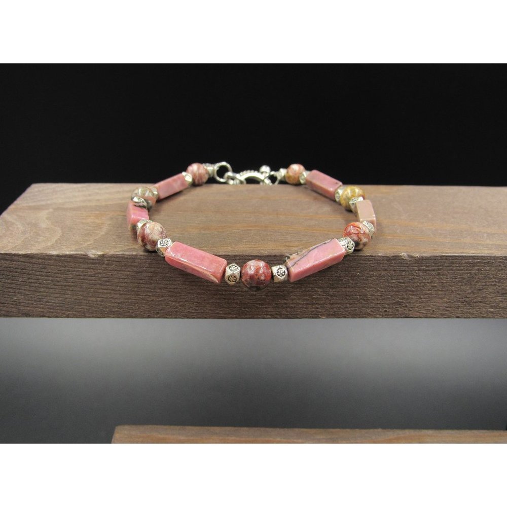 7" Silver Tone Maroon Pink Rectangle Stone Bracelet Vintage Elegant Beautiful